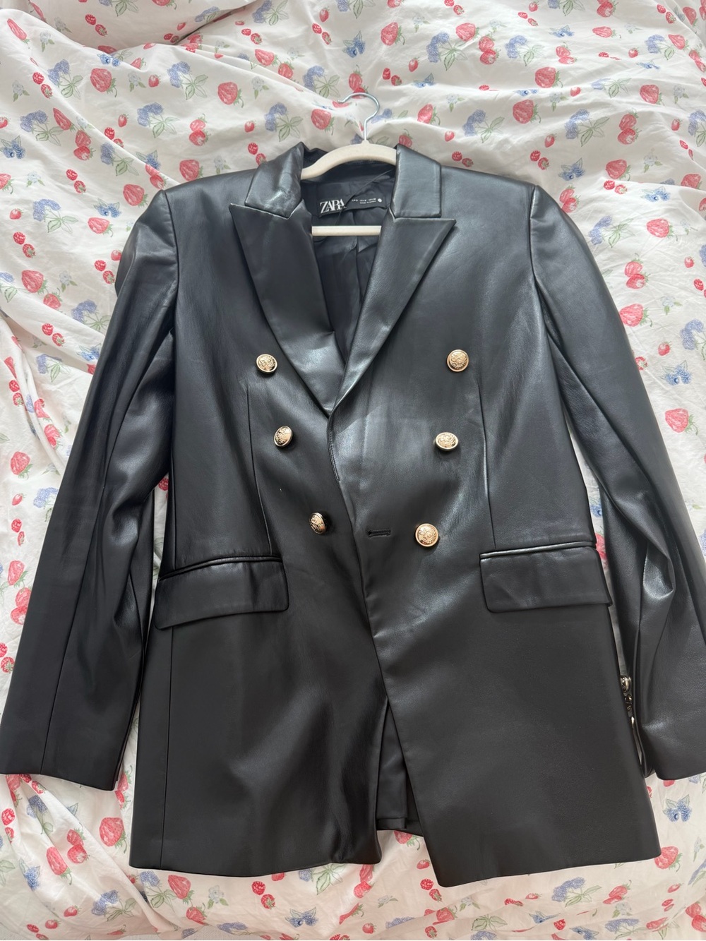 Zara Black Double-Breasted Faux Leather Blazer with Gold Buttons